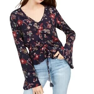 Gypsies & Moondust Blue / Pink Ruched-Front Floral Top Blouse XS